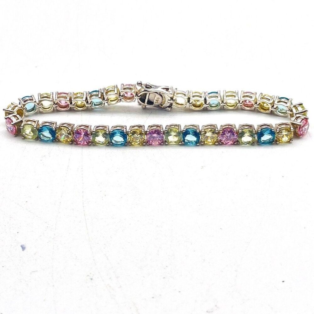 Pastel Crystal Tennis Bracelet Marked 925 Sterling Silver Safety Clasp Glam READ